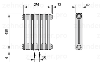 Схема (чертеж) Радиатор Zehnder Charleston 2045/6 №3470 Белый глянцевый RAL 9016